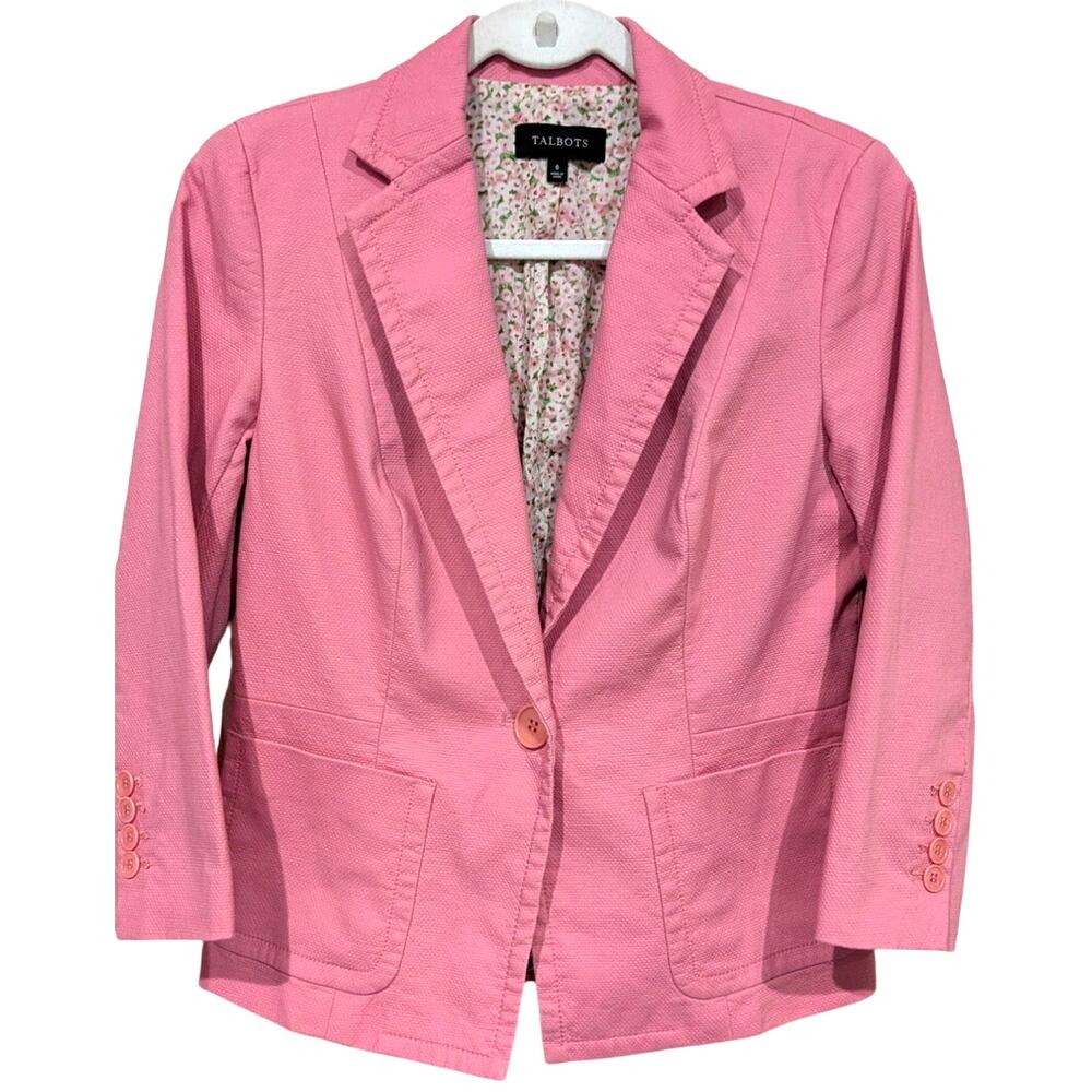 Talbots Pink 3/4 Sleeve Blazer Single Button Floral Size 6
